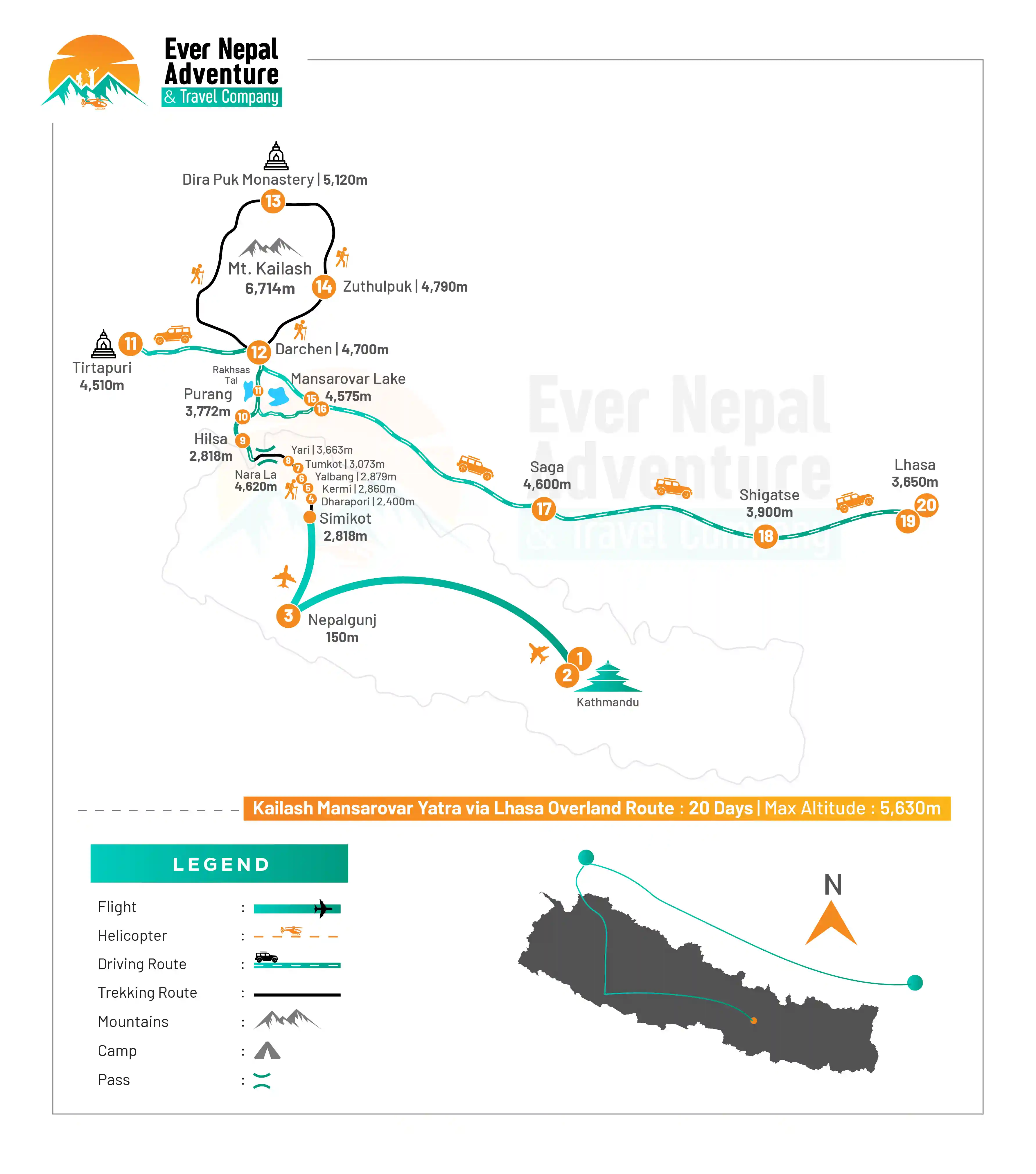 20 Days Kailash Mansarovar Yatra via Lhasa Overland Route map