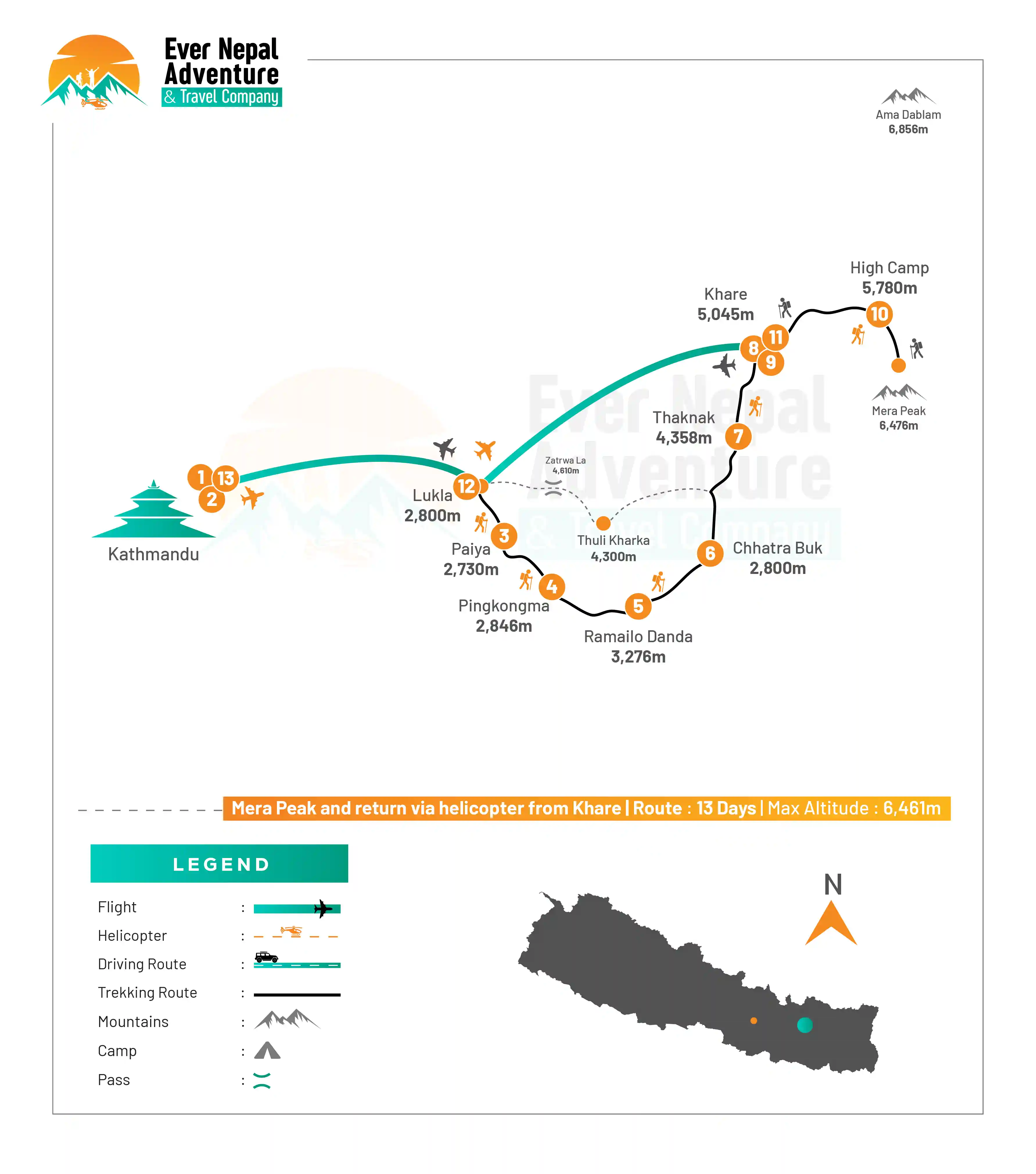 Mera Peak And Return Via Helicopter From Khare route map