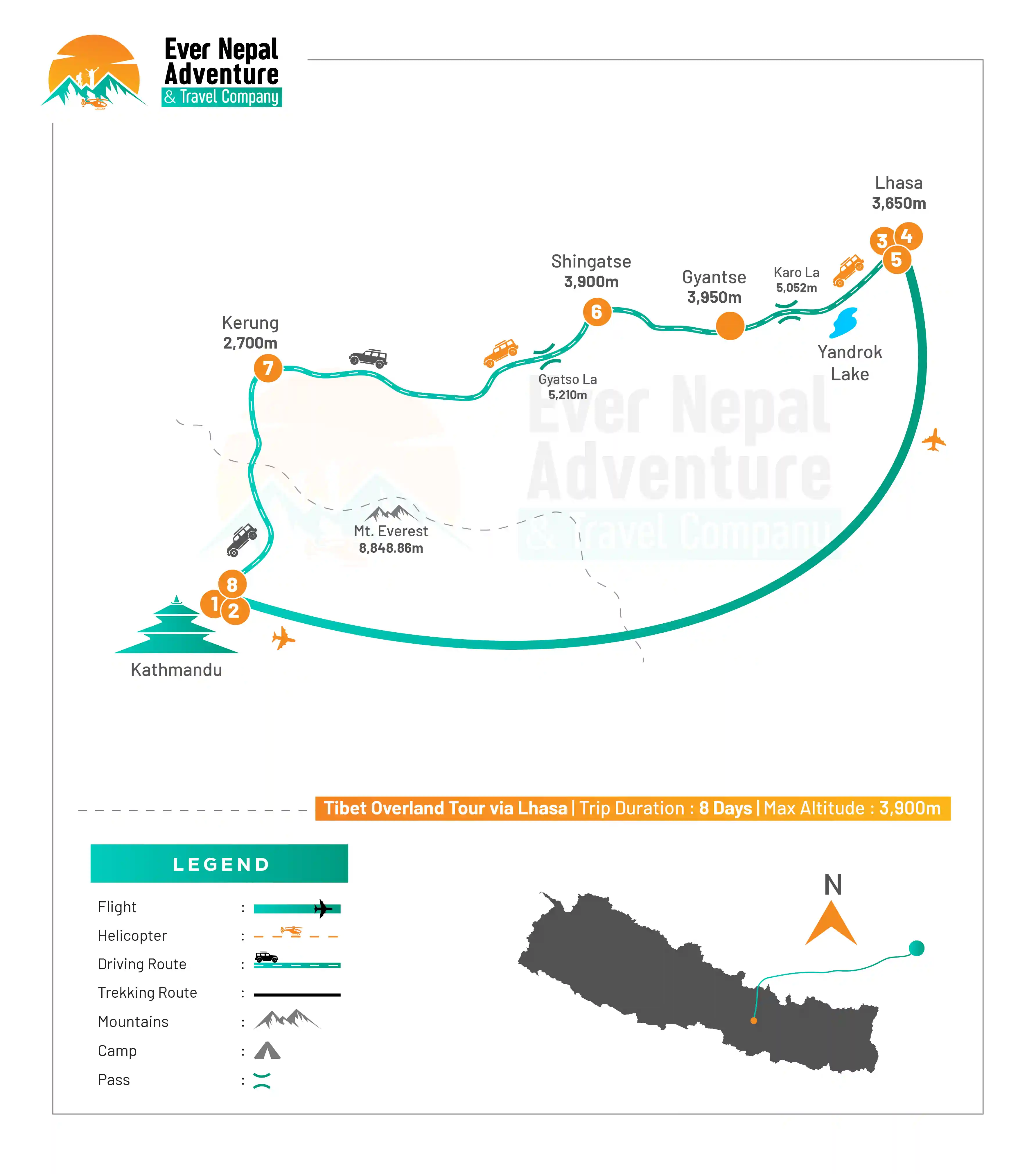 Tibet Overland Tour via Lhasa route map