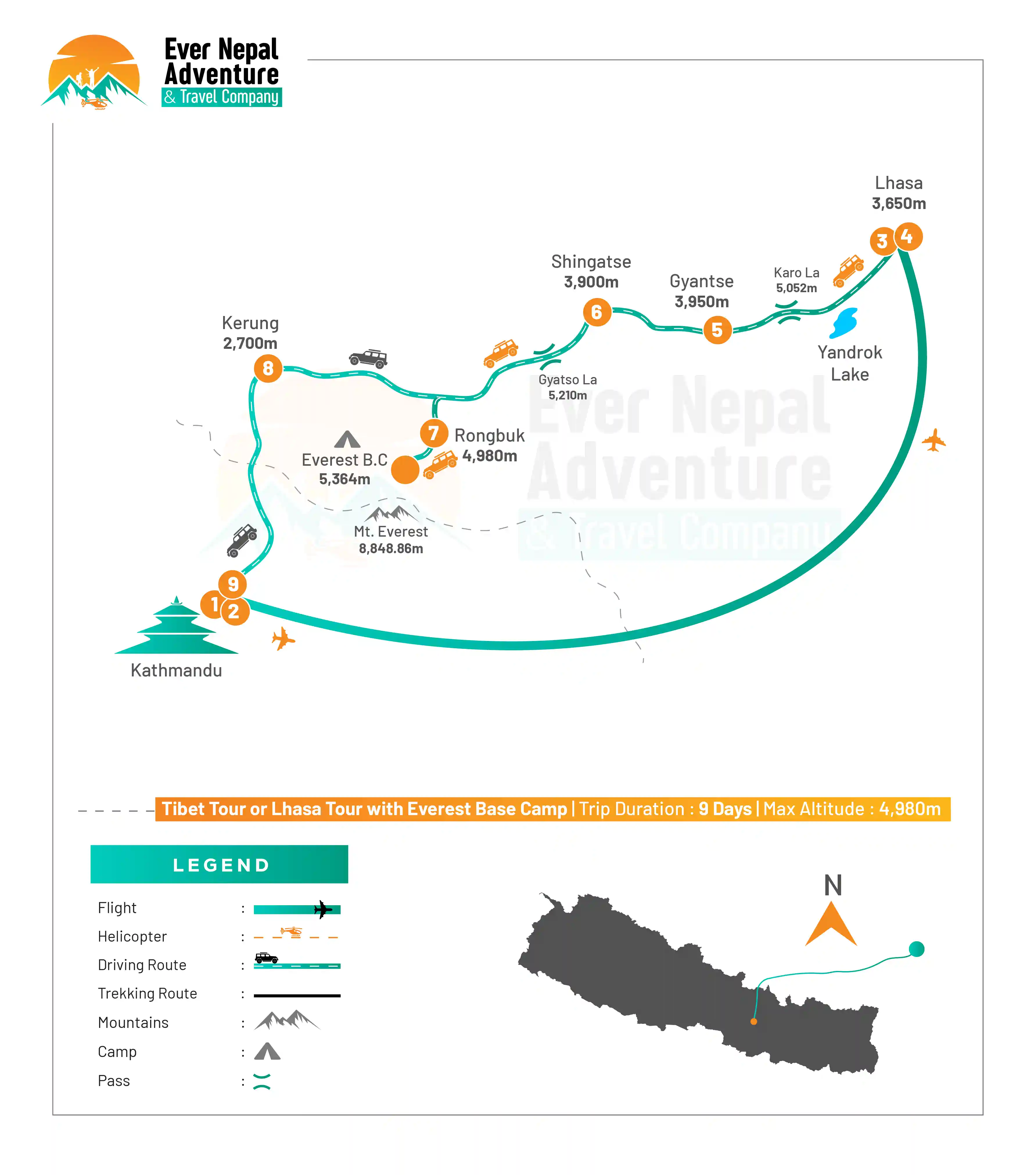 Tibet Tour or Lhasa Tour with Everest Base Camp (North) route map