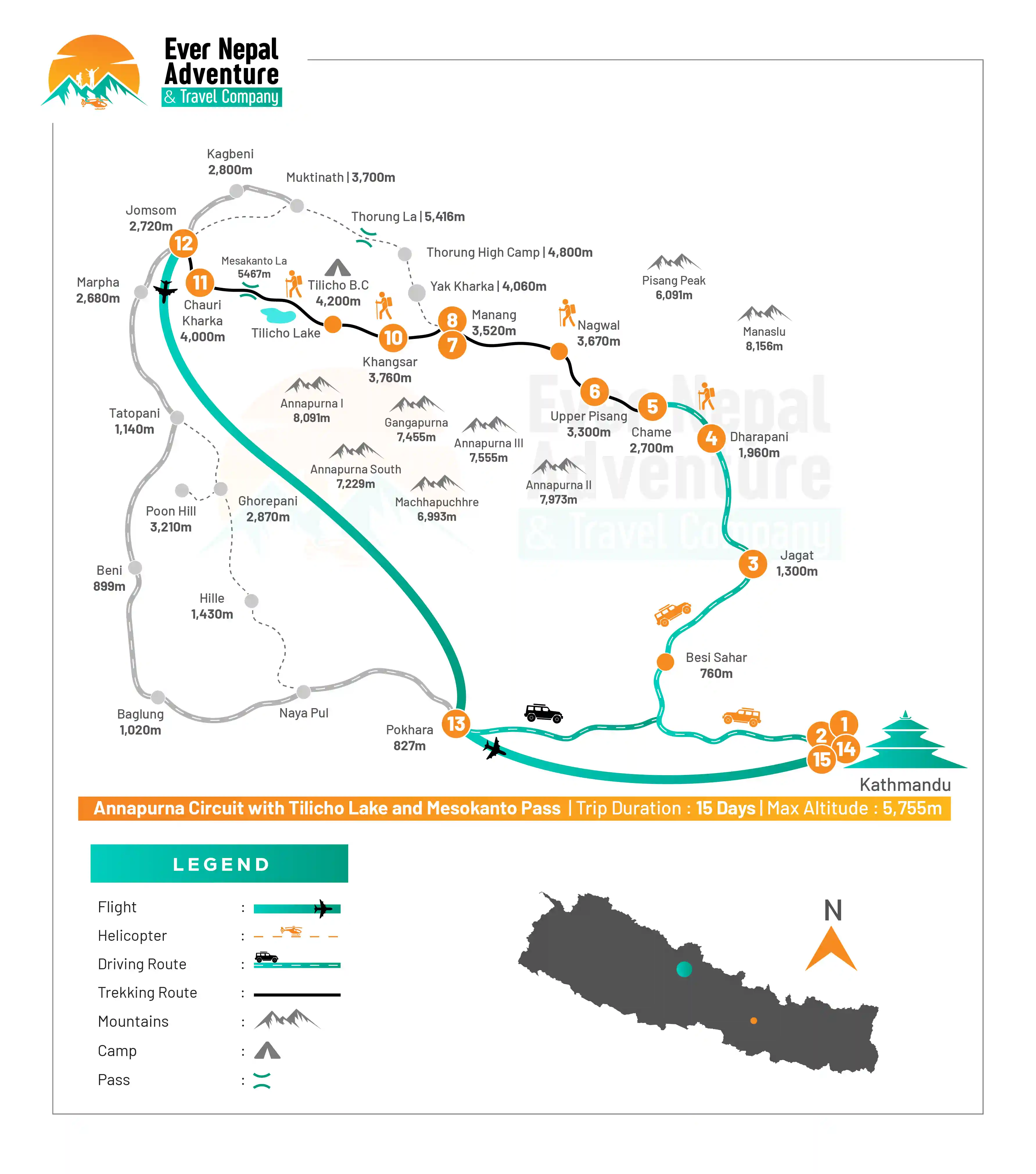 Annapurna Circuit with Tilicho Lake and Mesokonto Pass route Map | Ever Nepal